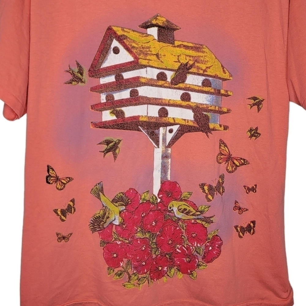 Vintage 90s Birdhouse Floral Butterflies Birds Pretty Granny T-Shirt Size Large - Picture 2 of 5